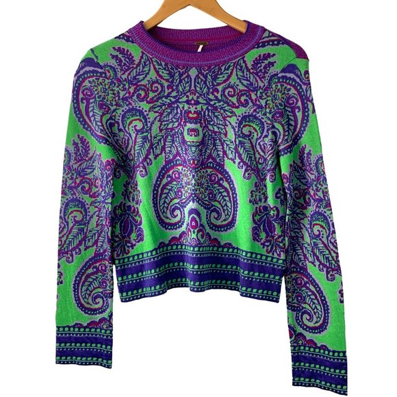 Free People New Age Crop Boho Pullover Sweater Top Size Small Crewneck 6610 - Picture 1 of 11
